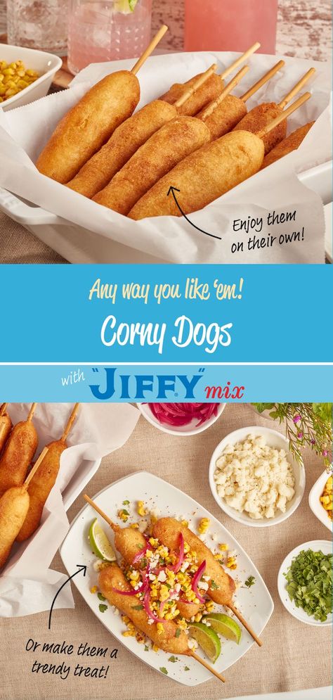 Are you a corn dog purest? Or would you make it a trendy treat?

Corny Dogs made with "JIFFY" Corn Muffin Mix. Corndog Batter Recipe, Jiffy Corn Dogs, Corn Dog Bites Recipe, Corn Muffin Mix Recipes, Jiffy Mix Recipes, Muffin Mix Recipe, Jiffy Recipes, Jiffy Cornbread Recipes, Homemade Corndogs