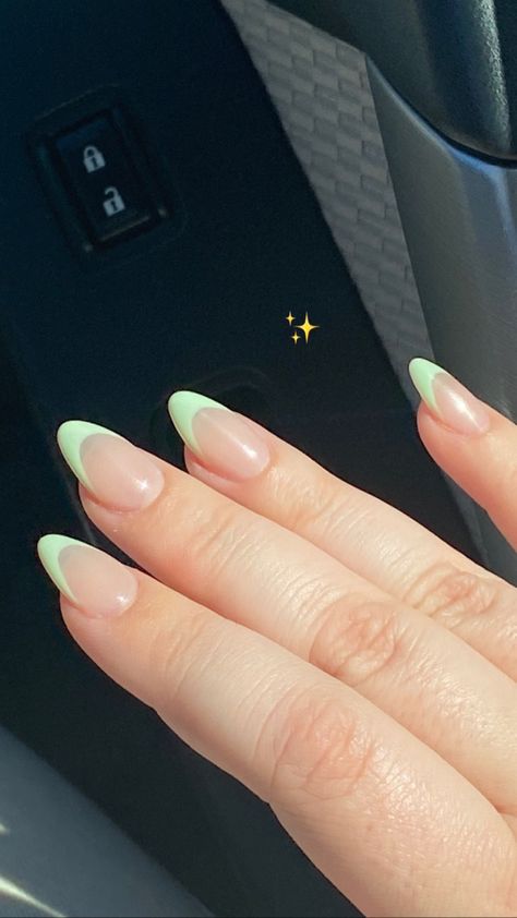 Square Pastel French Tip Nails, Simple Almond Acrylic Nails French Tip, Almond Nail Green French Tip, Almond Nails French Tip Different Colors, Green Nails Acrylic Almond French Tip, Nail Inspo Acrylic Almond French Tip, Mint Green French Tip Nails Almond, Green Oval French Tip Nails, Basic Nails Almond Short