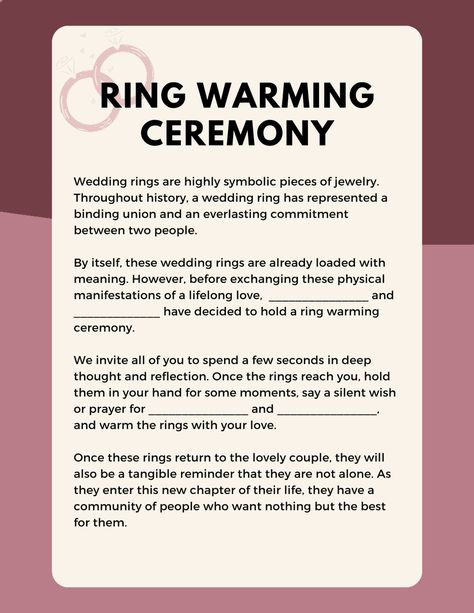 3 Ring Warming Ceremony Scripts & Samples (+Free PDFs) Wedding Ring Warming Ceremony, Ring Warming, Wedding Cermony, Ring Warming Ceremony, Wedding Officiant Script, Wedding Ceremony Readings, Wedding Ceremony Script, Wedding Script, Wedding Poems