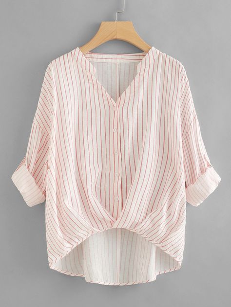 Dip Hem Blouse, Fall Blouse, Diy Vetement, Hem Blouse, Women Blouses, Casual Stripes, Roll Up Sleeves, Spring Shirts, Ladies Tops Fashion