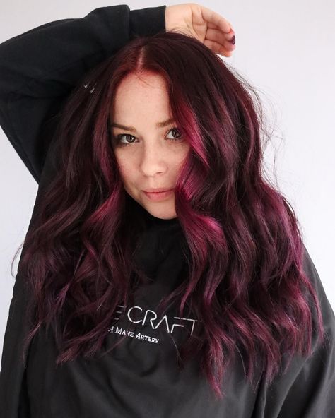 We can’t get enough of this violet red hair color! Montana used the high contrast balayage technique with the same thickness for her money piece. We are obsessed to say the least! See more on our instagram or visit our website Maroon Hair Money Piece, Copper Violet Hair Color, Red Hair With Red Money Piece, Dark Red Hair With Money Piece, Violet Red Hair Color, Violet Red Hair, High Contrast Balayage, Contrast Balayage, Red Violet Hair Color