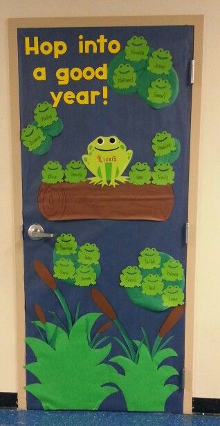 Frog classroom door Classroom Bathroom Decor Preschool, New School Year Door Ideas, Frog Classroom Door, Back To School Door Ideas For Daycare, Frog Bulletin Boards, Frog Classroom, Teacher Goals, Preschool Door, Classroom Door Displays