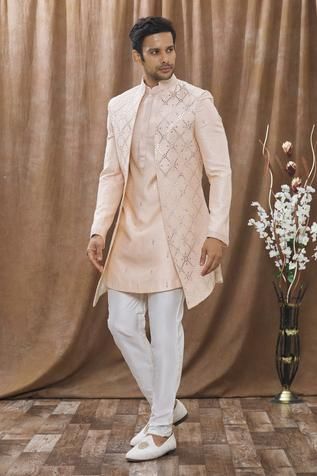 Open Sherwani Men, Nawabi Sherwani, Short Sherwani, Open Sherwani, Sherwani For Wedding, Peach Jacket, Sherwani For Men Wedding, Wedding Dresses Men Indian, Reception Look