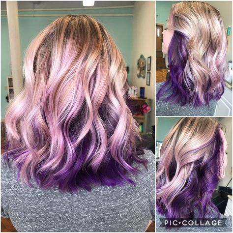 Purple underneath ash blonde balayage 💇🏼‍♀️💜 #purple #blonde #balayage #shorthair #obsessed #hairgoals #myhair Purple Balayage Hair Blonde, Ash Blonde With Color Peekaboo, Colored Hair Tips Purple, Blond Hair With Highlights Short, Blonde Balayage With Purple Highlights, Blonde With Peekaboo Color Purple, Balayage With Purple Peekaboo, Vivid Halo Hair, Light Purple Balayage Blondes