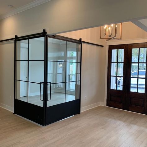 Corner Barn Doors, Glass Office Doors, Glass Wall Office, Home Office Doors, Basement Office, Corner Door, Glass Barn Doors, Wide Windows, The French Quarter