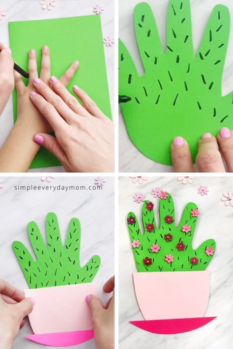 Are you searching for an easy Mothers Day craft for kids to make? This handprint cactus card is a simple DIY project that is so cute! Make it for mom or Grandma!  | Mothers Day Crafts for Kids  | Handprint Crafts for Kids   #simpleeverydaymom #mothersday #mothersdaycrafts #kidscrafts #handprintcrafts #craftsforkids Aktiviti Tadika, Cactus Card, Babysitting Crafts, Easy Mother's Day Crafts, Diy Mother's Day, Aktiviti Kanak-kanak, Cactus Diy, Mothers Day Crafts For Kids, Handprint Crafts