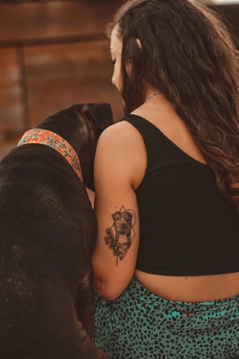 Dog Tattoo Ideas Pitbulls, Dog Portrait Tattoo Placement, Pet Memory Tattoos, Pitbull Tattoo For Women, Staffy Tattoos, Dog Tattoo Sleeve, Pitbull Tattoo Ideas, Dog Memorial Tattoos Unique, Dog Inspired Tattoos