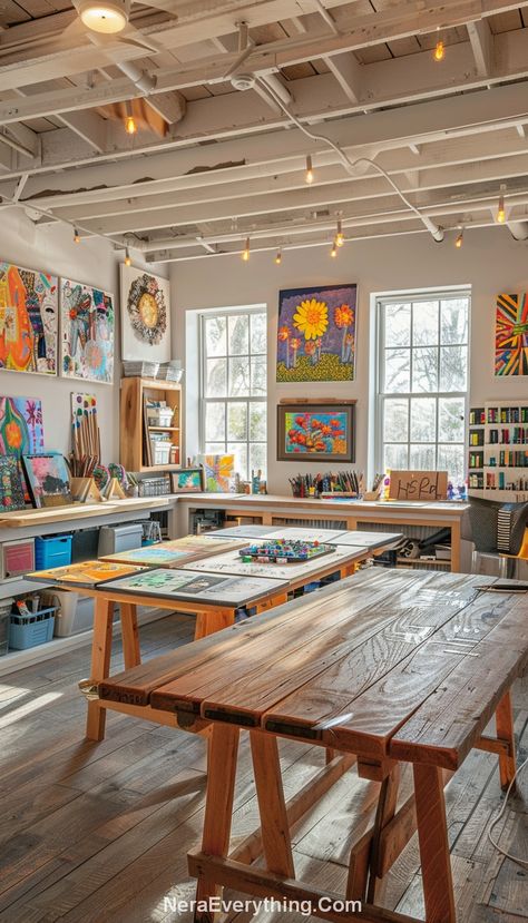 Art And Craft Room, Garage Art Studio, Crafts 2024, Creative Studio Space, Craft Room Ideas, Artist Workspace, Practical Furniture, Small Art Studio, Vibrant Decor