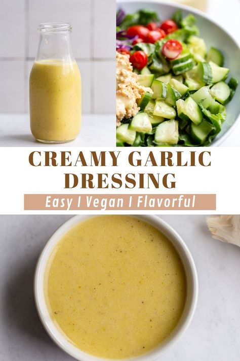 Creamy Garlic Dressing is a flavorful blend of roasted garlic, olive oil, red wine vinegar, dijon mustard and maple syrup (or honey). This easy vegan salad dressing recipe is delicious drizzled over your favorite salads or grain bowls, or used as a dip for veggies! Garlic Olive Oil Dressing, Garlic Dressing Recipe Oil, Salad Dressing Recipes Garlic, Honey Garlic Salad Dressing, Olive Oil Dijon Mustard Dressing, Vegan Creamy Garlic Dressing, Roasted Vegetable Salad Dressing, Roasted Garlic Dressing Recipes, Creamy Dijon Dressing