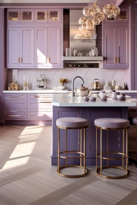 From Blush To Bold: 35 Pink Kitchens That Break The Mold | The Olive Branch Nest Lavendar Kitchen, Retro Cabinets, Lilac Kitchen, Hot Pink Kitchen, Purple Interior Design, Lavender Kitchen, Pink Kitchens, Furniture Color Schemes, Blush Walls