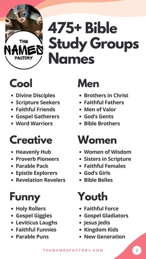 475 Inspiring Bible Study Groups Names List - The Names Factory Christian Group Chat Names, Christian Group Names Ideas, Bible Study Group Names, Group Bible Study Ideas, Youth Group Names, Discipleship Group, Best Team Names, Connect Group, Small Group Bible Studies