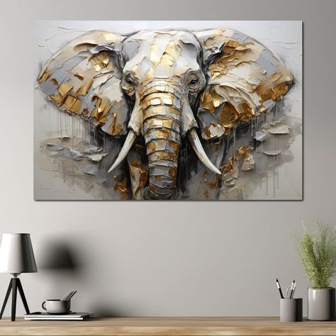 Opt for a symbol of strength and wisdom by adding this Silver and Gold Elephant Canvas Print to your space. An exquisite piece from JoCe, its bold shades of black, gray, and brown, contrasted with subtle hints of yellow and beige, depict a majestic terrestrial elephant in a surreal form. Its style is distinctively JoCe with a textured feel to it. As wall art, it is not just visually pleasing but brings forth an emotional resonance, transforming your area with its alluring appeal. Experience the Luxury Elephant Art, Safari Decorations, Elephant Canvas, Contemporary Canvas, Gold Elephant, Elephant Painting, Seni Cat Air, Silver Elephants, Street Graffiti