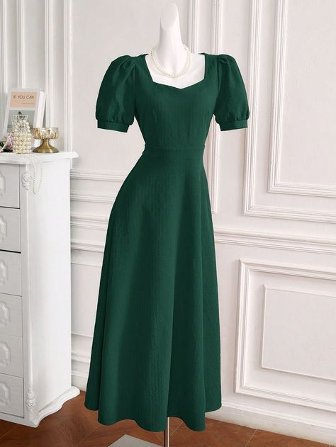 Women's Sweetheart Neckline Short Sleeve Elegant & Charming Fashionable Dress Dark Green Elegant  Short Sleeve Woven Fabric Plain A Line Non-Stretch  Women Clothing, size features are:Bust: ,Length: ,Sleeve Length: High Square Neck Dress, Square Neckline Dress With Sleeves, No Waist Dress, Sweetheart Neckline With Sleeves, Green Dress Modest, Christmas Green Dress, Green Spring Dresses, Green Vintage Dress, Slavic Style