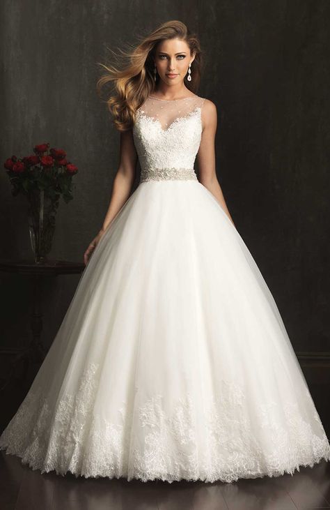 Sheer Top Dress, Gown Belt, Aline Wedding Dress, Wedding Dress Belt, Wedding Dresses 2014, Allure Bridals, White Wedding Dress, Lace Bridal Gown, Illusion Neckline