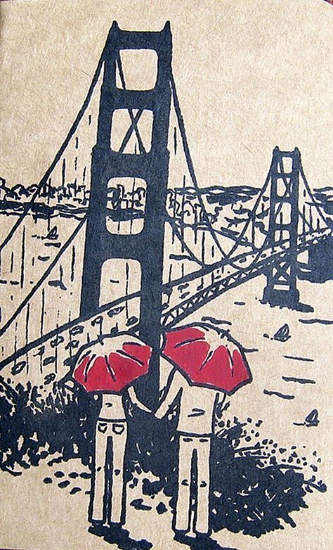 #SanFrancisco art illustration of couple with umbrellas overlooking the Golden Gate Bridge and San Francisco Bay Illustration Of Couple, San Francisco Bridge, Sf Art, Dorm Art, San Francisco Art, Free Your Mind, The Golden Gate Bridge, Art Tutorial, Art Watercolor