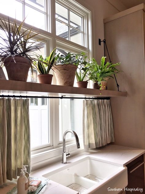 Window Ledge Ideas Kitchen, Kitchen Sink Off Center Of Window, Shelves In Front Of Windows Kitchen, Kitchen Window Shelf For Plants, Over Window Plant Shelf, Above Kitchen Sink Window Decor, Shelf In Front Of Window, Shelf Over Kitchen Window, Shelf Above Kitchen Window