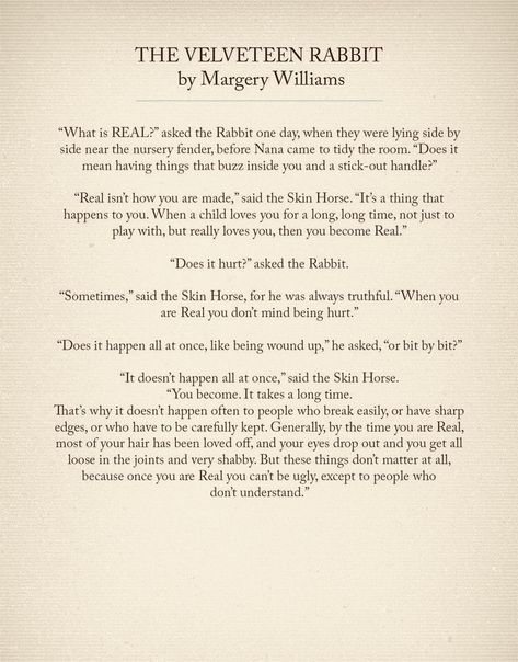 The Velveteen Rabbit  -Becoming Real- Velveteen Rabbit Aesthetic, Velvetine Rabbit, Rabbit Poetry, Rabbit Poem, Velveteen Rabbit Tattoo, Velveteen Rabbit Drawing, Velveteen Rabbit Art, The Velveteen Rabbit, Quotes From Velveteen Rabbit