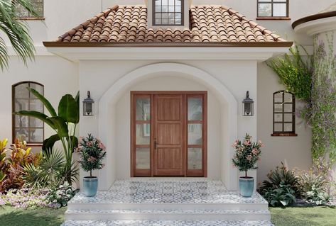 Spanish Front Door, Mediterranean Front Door, Mediterranean Front Doors, Modern Farmhouse Layout, Mediterranean Doors, Country Doors, Plank Door, Exterior Entry Doors, Custom Doors