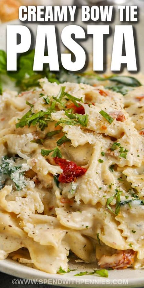 Bowtie Pasta Side Dish, Bow Tie Pasta With Sundried Tomatoes, Creamy Chicken Bowtie Pasta, Bow Tie Chicken Alfredo, Bowties Pasta Recipes, Simple Bow Tie Pasta Recipes, Bow Tie Pasta Recipes Chicken Alfredo, Creamy Bow Tie Pasta Salad, Bow Tie Pasta Salad Recipes Cold