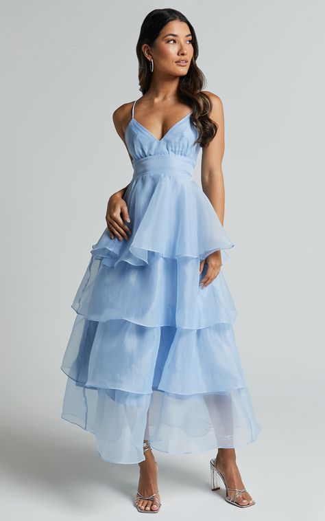 Cindy Midi Dress - Layered Skirt Dress in Pale Blue Ruffle Dress Formal, Dress Idea, Midi Dress Layering, Prom Dress Inspiration, Pastel Blue Dress, Cute Prom Dresses, Blue Wedding Guest Dresses, Vegas Birthday, Dress Layered