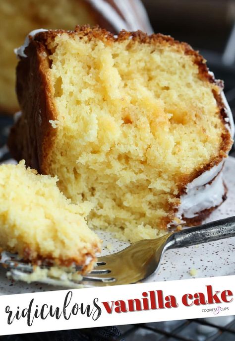 This moist vanilla cake recipe is made with sour cream, white chocolate chips, and more! Topped with a sweet vanilla glaze, it's SO good! Super Moist Vanilla Cake, Moist Vanilla Cake Recipe, Vanilla Cake Mix Recipes, January Meals, Snacking Cakes, Perfect Vanilla Cake, Best Vanilla Cake Recipe, Easy Vanilla Cake, Cake Mix Recipe