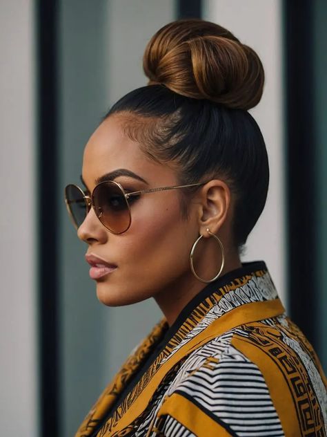 Pretty Bun Hairstyles For Black Women, Hair Buns Black Women, Up Do Buns For Black Women, Black Woman Bun Hairstyles, Millennial Hairstyles, Protective Hair Styles Black Women, Sleek Back Hairstyles Black Women, Sleek Ponytail Braid Black Women, Bun Updo Black Women