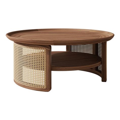 2-Tiered Japandi Round Walnut Wood Coffee Table with Storage Rattan Base Japandi Coffee Table, Storage Rattan, Wood Coffee Table With Storage, Japandi Furniture, Round Center Table, Center Table Living Room, Stemware Storage, Loveseat Living Room, Coffee Table Modern