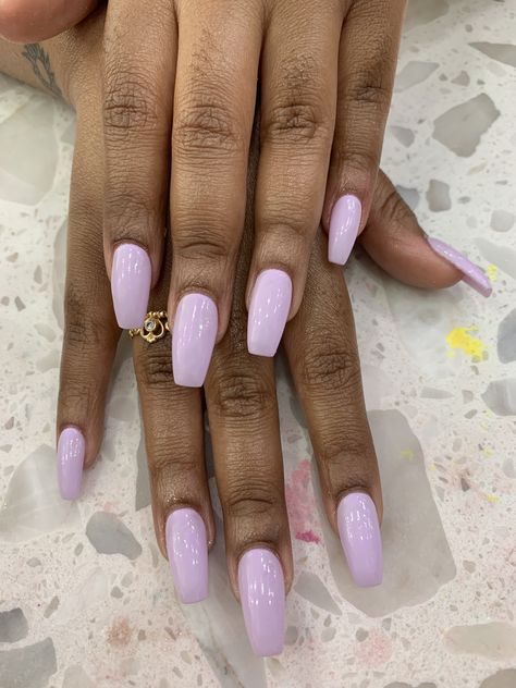 Simple Nail Colors Spring, Lilac Color Nails Acrylic, Coffin Light Purple Nails, Lilac Nails Dip Powder, Solid Lavender Nails, Clear Lavender Nails, Pale Purple Nails Acrylic, Lavender Nails By Skin Tone Range, Lavender Squoval Nails