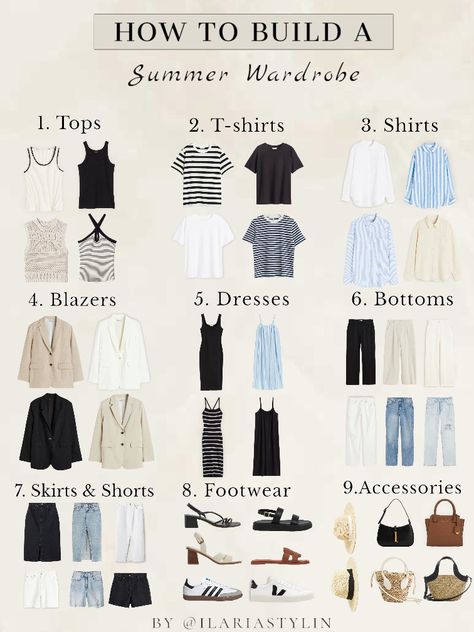 capsule wardrobe, summer capsule wardrobe, summer wardrobe, summer closet, summer fashion, tank top, black top, white top, striped t-shirt, black t-shirt, white t-shirt, white shirt, striped t-shirt, striped shirt, white shirt, striped shirt, linen shirt, white blazer, beige blazer, linen blazer, midi dress, maxi dress, black dress, black pants, white pants, linen pants, white jeans, blue jeans, ripped jeans, denim skirt, midi skirt, white shorts, denim shorts, style inspo, women fashion Chic Capsule Wardrobe, Minimalist Wardrobe Capsule, Capsule Wardrobe Casual, Capsule Wardrobe Women, Alledaagse Outfits, Classic Capsule Wardrobe, Capsule Wardrobe Essentials, Capsule Wardrobe Outfits, Fashion Capsule Wardrobe