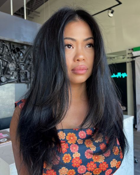 Long Layers Haircut Round Face, Asian Medium Length Hair With Layers Straight, Frame Haircut Long Hair, Black Hair Face Framing, Layers Thinner Hair, Long Framed Face Haircut, Long Layered Haircuts For Thick Hair Straight Round Faces, Layered Haircut Black Hair, Face Framing Layers Asian Hair