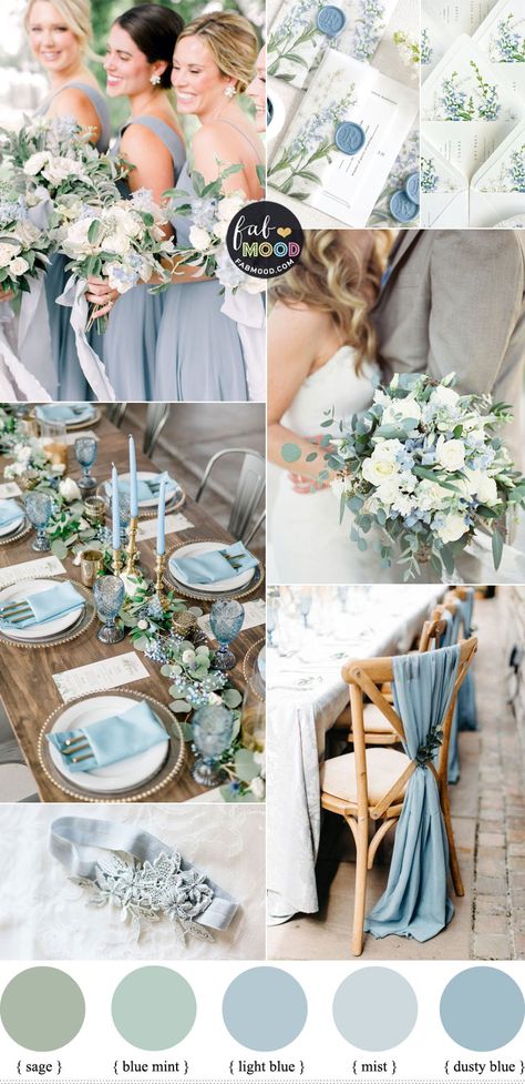 Dusty Blue And Sage Green Wedding Colors, Dusty Green Wedding Theme, Powder Blue Theme Wedding, Sage Green Dusty Blue Champagne Wedding, Blue Green Silver Wedding, Blue And Sage Wedding Theme, Wedding Themes Light Blue, Wedding Theme Blue And White, Seaglass Blue Wedding