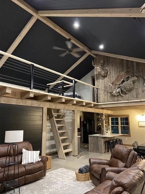 Shop House Decor, Hunting Barndominium, Pole Barn Apartment, Steel Building Homes Interior, Bardominum Ideas Inside, Barndominium Loft Ideas, Small Shop House Plans, Shop Loft Ideas, Pole Barn Interior Ideas