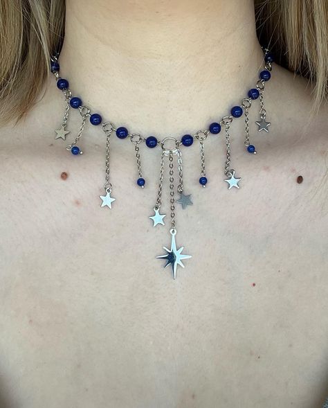 ‘Midnight Sky’ Necklace ⭐️ made with blue stone beads, and complete stainless steel materials 35cm + 6cm extension chain available on my etsy, link in bio #explorepage #jewelry #stars #necklace Midnights Jewelry, Simple Beaded Necklace Ideas, Blue Star Necklace, Chain Bead Necklace, Neckles Ideas, How To Make A Necklace With Beads, Necklace Ideas Beads, Midnight Jewelry, Necklace Making Ideas