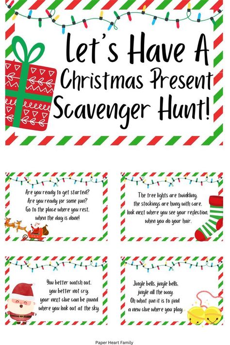 Christmas Day Scavenger Hunt For Kids, Scavenger Hunt Clues Christmas, Christmas Present Hunt Clues, Advent Scavenger Hunt For Kids, Christmas Eve Scavenger Hunt For Kids, Disney Christmas Scavenger Hunt, Christmas Eve Scavenger Hunt, Gift Scavenger Hunt Ideas For Kids, Adult Christmas Scavenger Hunt Clues