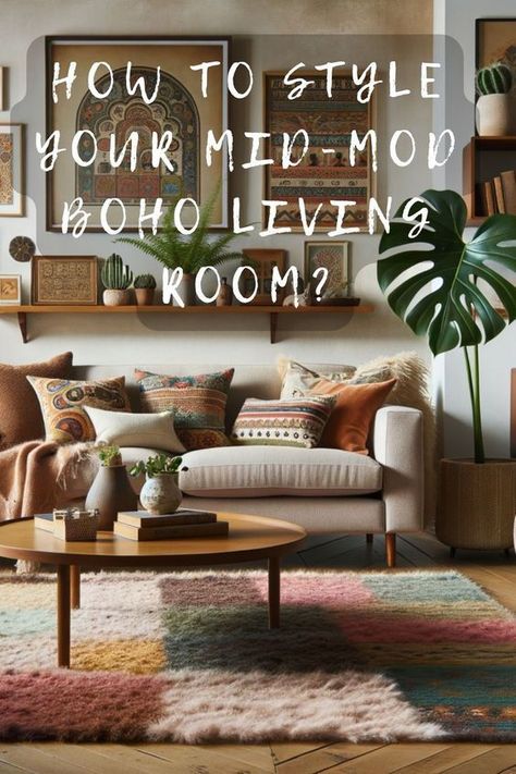 Soft Boho Living Room, Mid Century Bohemian Decor, Boho Living Room Shelves, Mid Mod Boho Living Room, Fun Living Room Ideas Creative, Boho Living Room Leather Couch, Modern Boho Living Room Grey Couch, Boho Living Room Color Scheme, Warm Boho Living Room