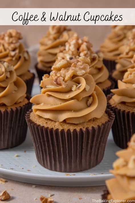 Recipe for Coffee & Walnut Cupcakes - an easy recipe for a coffee and walnut cupcakes, with coffee buttercream and walnut decoration #thebakingexplorer #coffeewalnut #coffeecupcakes #walnutcupcakes #easycupcakerecipe Walnut Decoration, Coffee And Walnut Cupcakes, Walnut Cupcakes, Coffee And Walnut Cake, Coffee Buttercream, Coffee Cupcakes, Uk Food, Cupcakes Recipes, Bakers Gonna Bake