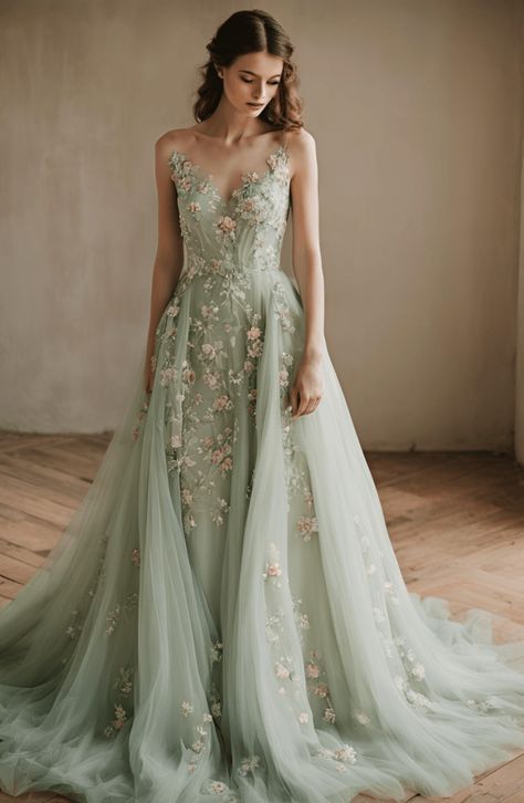 pale green wedding dress with floral design. colored wedding dresses. unique wedding dress Non Traditional Wedding Dress Green, Green And Pink Wedding Dress, Pink And Green Wedding Dress, Green Accent Wedding Dress, Cute Forest Wedding, Flower Forest Wedding, Whimsical Wedding Dress Fairies Boho, Pale Green Wedding Dress, Colorful Wedding Gown