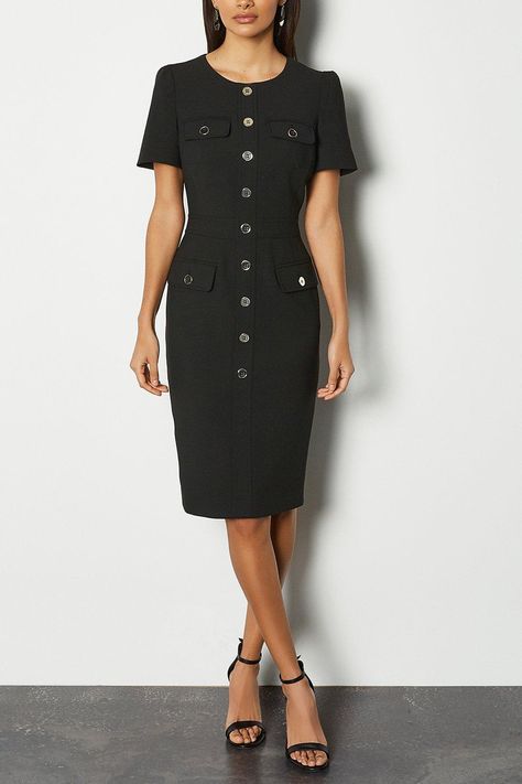 The season's utility trend is redefined with a polished and refined feel, as seen on this figure-enhancing midi dress. Fitting every inch of your frame to perfection, this piece of tailoring is versatile enough to be worn all day thanks to its button-detail flap pockets and back-vent skirt that'll offer ease of movement. Black Work Dresses, Utility Dress, Sequin Dresses, Midi Pencil Dress, Black Dress Formal, Luxury Dresses, Tailored Shorts, Work Wear Women, Dress Outfit