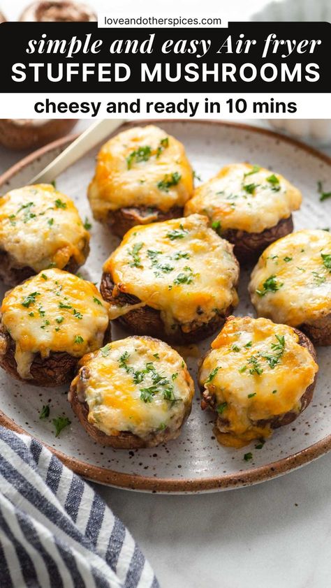 Stuffed Mushrooms With Cream Cheese Air Fryer, Air Fryer Stuffed Mushrooms Recipe, Stuffed Mushrooms Cheese, Mozzarella Stuffed Mushrooms, Air Fried Stuffed Mushrooms, Cream Cheese Stuffed Mushrooms Easy, Easy Appetizers For A Party Air Fryer, Stuffed Mushroom Recipes Cream Cheese, Cream Cheese Mushrooms Stuffed