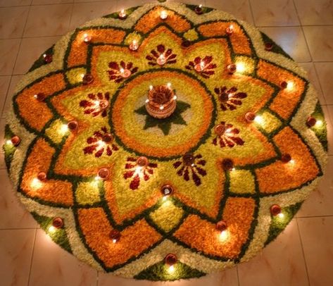 Flower Rangoli For Onam, Athapoovu Design, Rangoli Designs Flower Petals, Rangoli For Diwali With Flowers, Diwali Rangoli From Flowers, Onam Rangoli Design, Onam Athapookalam Designs, Athapookalam Designs Simple, Pookolam Design Onam