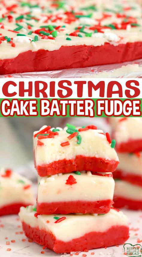 Christmas Cake Batter Fudge made in the microwave with only 4 ingredients! Easy fudge recipe made with white chocolate chips, sweetened condensed milk and two different types of cake mix. 4 Ingredient Christmas Cake, Christmas Cake Batter Fudge, Foolproof Fudge Condensed Milk, Egg Nog Fudge Recipe Easy, Recipes Using Sweet Condensed Milk, Cookie Mix Fudge, No Bake Cake Batter Truffles, Cake Batter Fudge Easy, Cake Icing Fudge Recipe