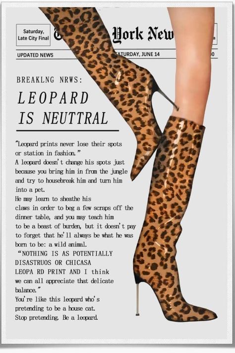 Vintage Magazine Posters, Leopard Is Neutral Poster, Newspaper Print Aesthetic, Cheetah Print Poster, Leopard Print Poster, Fashion Poster Design Ideas, Black And White Bar Cart, Cheetah Print Wall, White Bar Cart