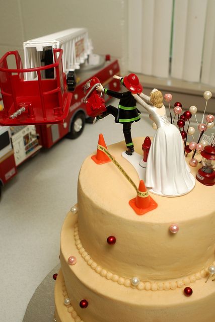 Cute Firefighter Wedding Cake | Shared by LION Fire Department Wedding, Firefighter Wedding Cakes, Fireman Wedding, Fire Fighter Cake, Fireman Cake, Firefighter Family, Firefighter Wedding, Firefighter Decor, Country Wedding Cakes