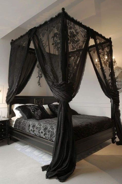 Gothic Bedroom Ideas, Gothic Bed, Gothic Decor Bedroom, Gothic Bedroom, Victorian Bedroom, Dark Home Decor, Goth Home Decor, Gothic Revival, Bedroom Black