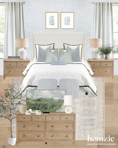 Neutrals And Blue Bedroom, Master Bedrooms Decor Costal, Country Hamptons Style Bedroom, Neutral Bedroom Hint Of Blue, Neutral Bedroom Dark Floors, Neutral And Blue Bedding, Grey And Blue Coastal Bedroom, Blue Night Stands Bedroom, Bedroom With Blue Dresser