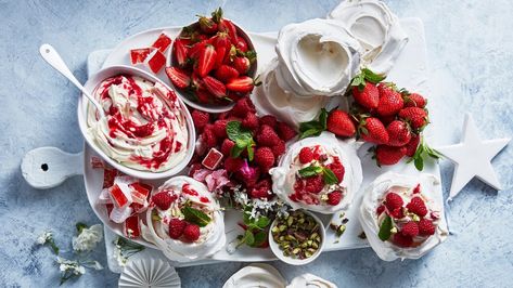 Pavlova Grazing Board | CSR Sugar Berry Pavlova, Christmas Pavlova, Macerated Strawberries, Berry Sauce, Grazing Board, Small Food Processor, Christmas Lunch, Different Fruits, Turkish Delight