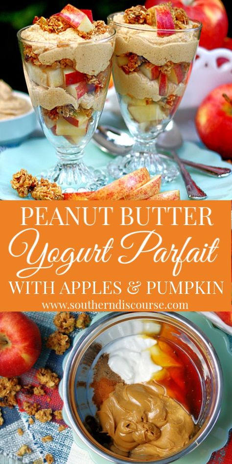 Peanut Butter Yogurt Parfaits with apples & pumpkin granola are a quick and easy way to get a healthy breakfast or afternoon snack on the table. #southerndiscourse #peanutbutter #greekyogurt #apples #pumpkinsnack #pumpkinbreakfast #afterschool #lunchbox Southern Discourse, Yogurt Parfait Recipe, Pumpkin Snack, Pumpkin Granola, Peanut Butter Yogurt, Yogurt Parfaits, Pumpkin Breakfast, Parfait Recipes, Layered Desserts