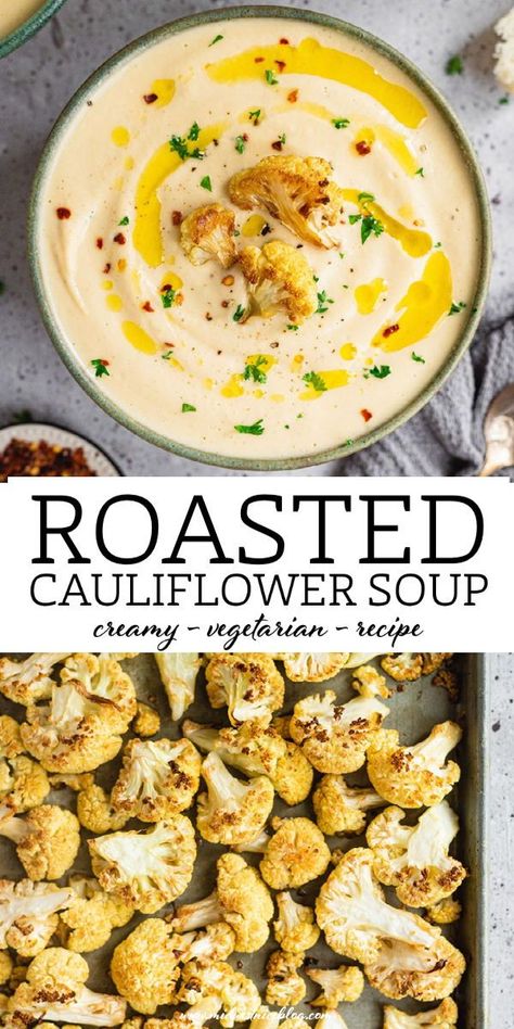 This recipe for roasted cauliflower soup is a comforting and filling vegetarian meal that has a splash of cream for richness and a pinch of red paper flake for spice. Make a big batch to freeze and reheat for an easy dinner anytime! Cauliflower And Rice Recipes, Roasted Cauliflower Soup Recipes, Roasted Soup Recipes, Riced Cauliflower Soup, Soup Recipes Cauliflower, Roast Cauliflower Soup, Coliflower Soup, Easy Low Carb Soup, Soup Recipes Vegetarian