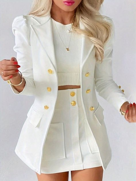 SHEIN Privé Women's Bubble Long-Sleeve Blazer Jacket And Skirt Two-Piece SetI discovered amazing products on SHEIN.com, come check them out! Blazer And Skirt Set, Long Sleeve Outfits, Button Skirt, Blazer And Skirt, Blazer Set, Turndown Collar, Long Sleeve Blazers, Daily Dress, Set Women