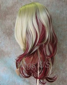 Blonde With Burgundy, Burgundy Blonde Hair, Red And Blonde Hair, Red Hair Tips, 2015 Hair, Red And Blonde, Wigs Blonde, Peekaboo Hair, Creative Hair Color